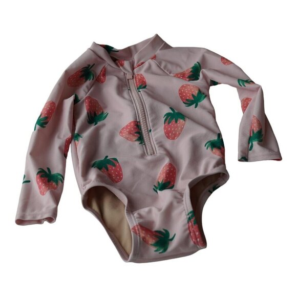 EUC‎ Strawberry Print Long-Sleeve Zip Rashguard for Toddler Girls Sz 12-18M - Picture 2 of 6